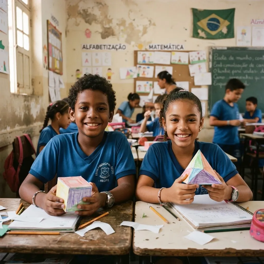 Dois alunos sorrindo segurando o cubo e a pirâmide que montaram