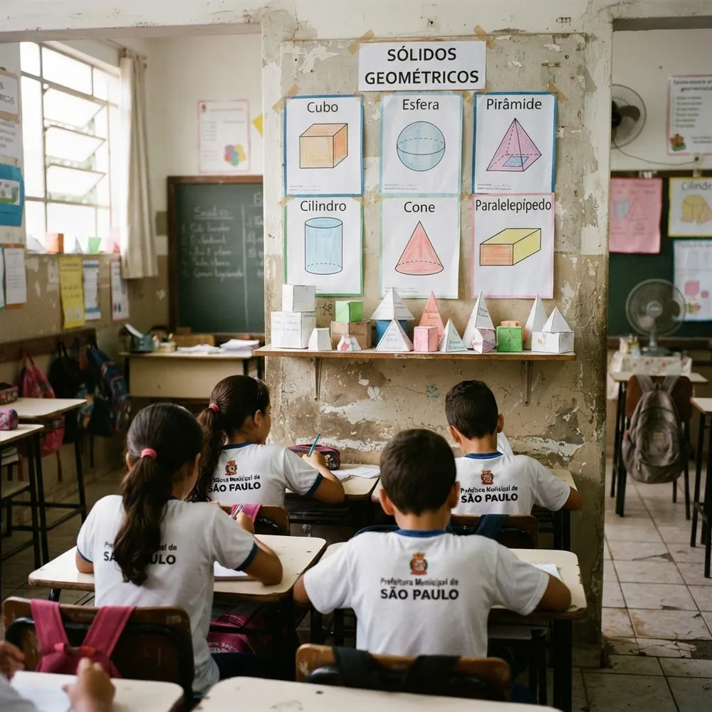 Painel de sólidos geométricos exposto na parede da sala de aula