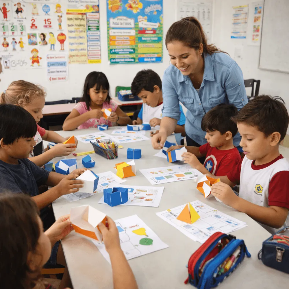 Professora usando os cartazes de sólidos geométricos em sala de aula